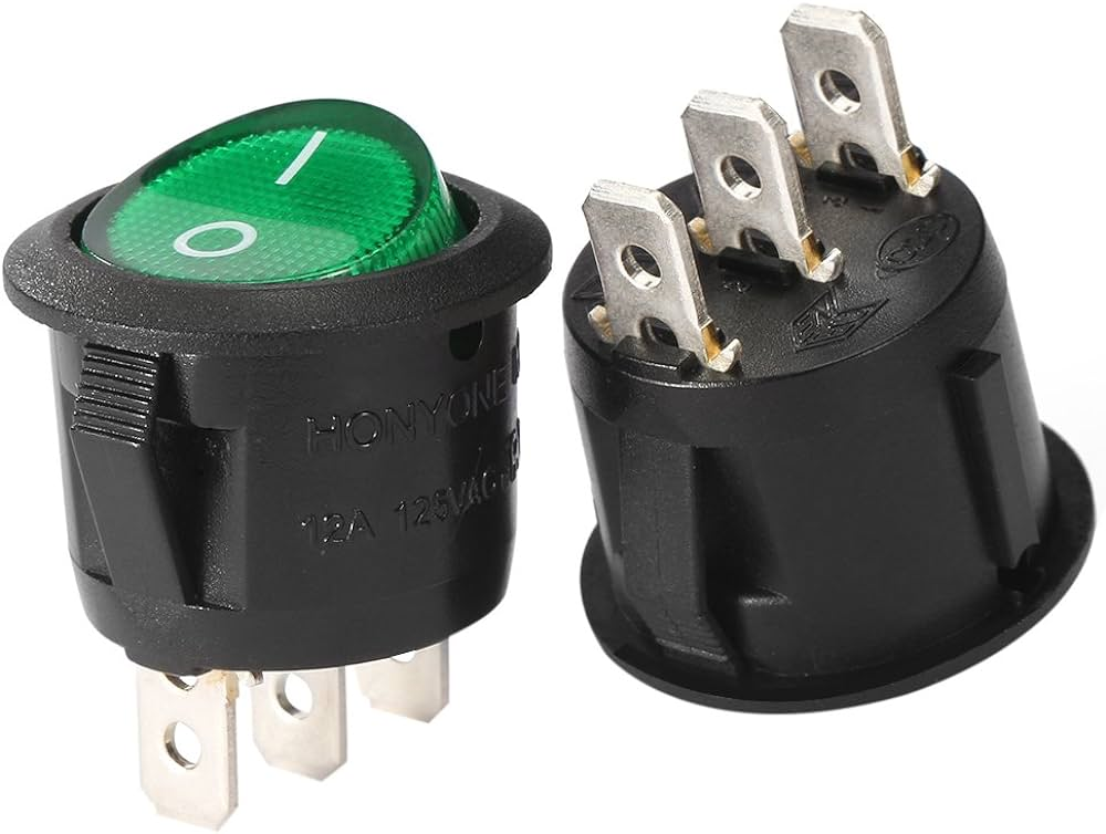 20mm Illuminated SPST 3pin Rounded Rocker Switch 250vac 6A Green