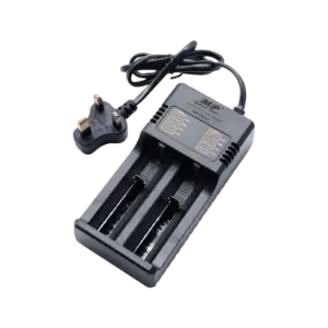 شاحن مزدوج للبطاريات القابلة للشحن / Dual Charger for 18650, 14500, 16340 Li-Ion Rechargeable Batteries (UK Plug) MP with Charge Indicator