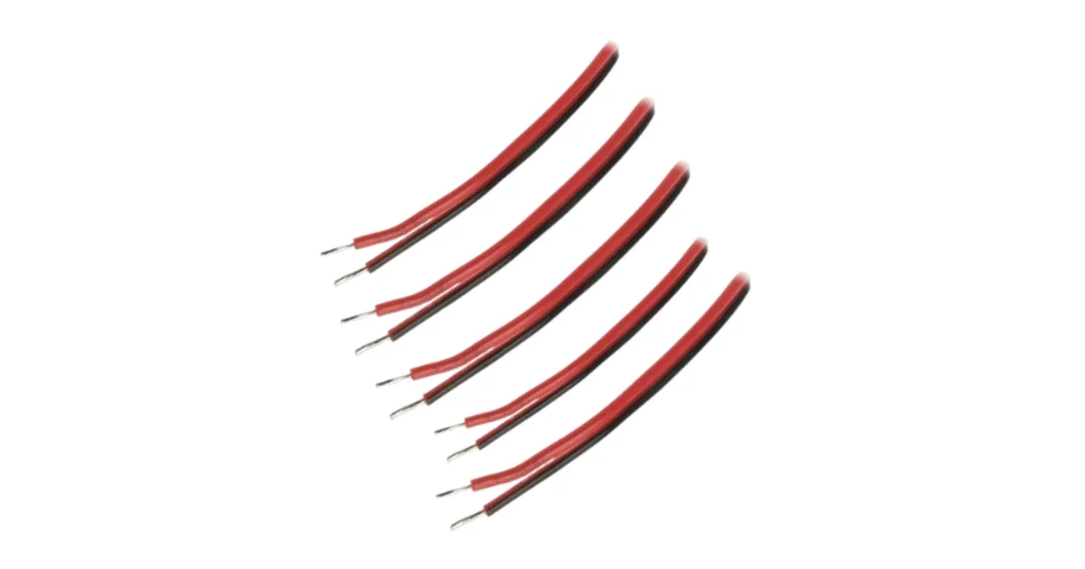 مجموعة 5 اسلاك توصيل الكترونية ثنائيه  لون اسود واحمر بطول 10 سم مع نهايه مطليه بالقصدير /  Flexible Hook Up Wires 2P 100MM Red & Black Ribbon Wire