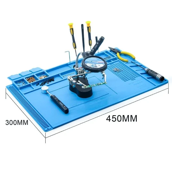 حصيرة العزل الحراري / Heat Insulation Pad – Heat-Resistant BGA Soldering Mat with Magnetic Areas & Storage (450×300mm)