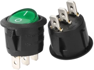مفتاح متأرجح دائري اخضر اللون (تشغيل - إيقاف) 3 دبابيس / Illuminated SPST 3pin Rounded Rocker Switch 250vac 6A Green 20MM